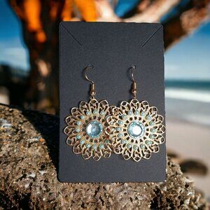 Gold Tone Filigree Dangle Plastic Rhinestone Vintage Earrings Women Jewelry Blue